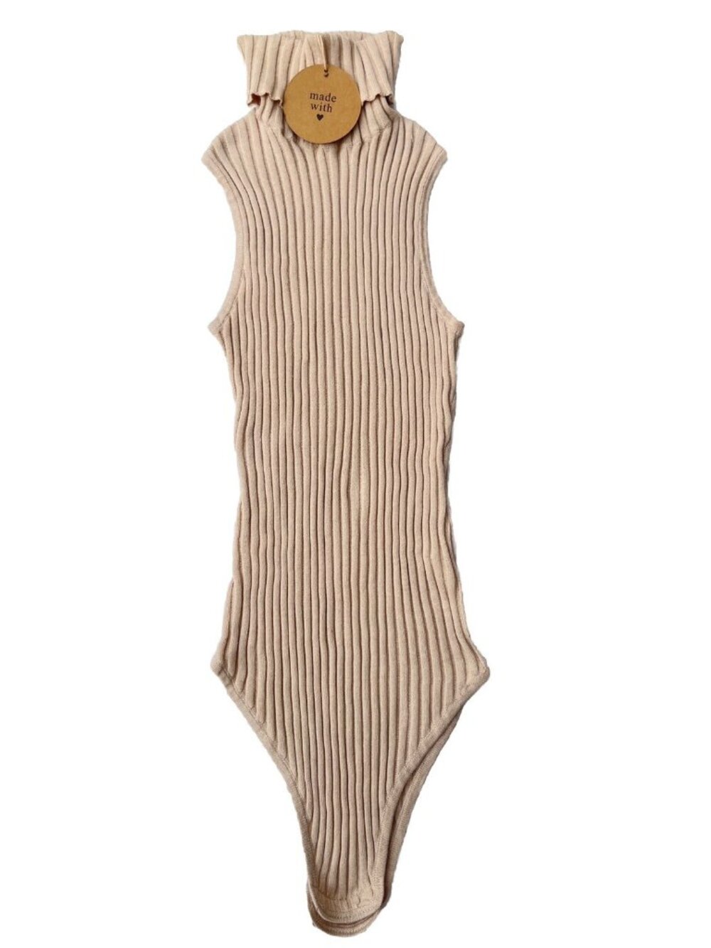 Honey Punch Beige Ribbed Turtleneck Bodysuit M | Sleeveless | Cotton | Neutral
